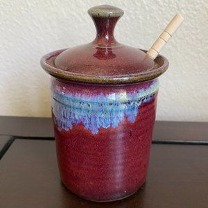 Studio Artisan Pottery Honey Jar Lid And Dipper Artist Signed